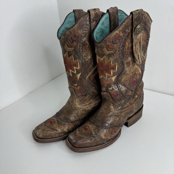 Corral Vintage Western Women Cowboy Boots Size 6.5M Aztec Embroidered Square Toe main image 3